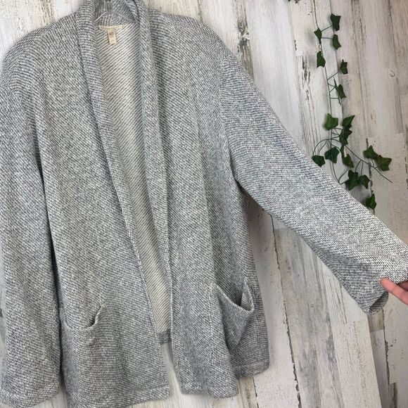 EILEEN FISHER Cardigan Medium Organic Cotton Shawl Collar Open Front Gray - Picture 8 of 12